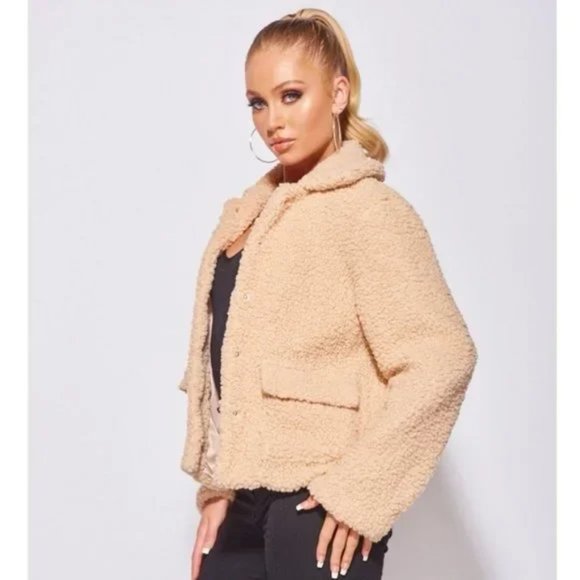 Camel Long Sleeve Collared Teddy Bear Fur Trucker Jacket - Picture 7 of 14